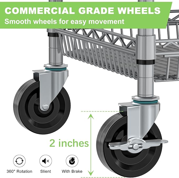 3 Tier Rolling Utility Metal Carts with Wheels Heavy Duty Storage Cart 750Lbs Capacity Adjustable Kitchen Cart with Handle & Shelf Liner Commercial Service Trolley for Indoor & Outdoor Use