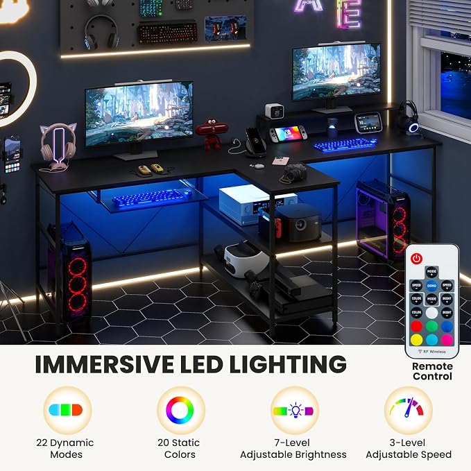 Tangkula 2-Person Reversible Computer Desk with LED Lights, 94.5” Long Office Desk with Power Outlets, Monitor Stand, Keyboard Tray & 2 Storage Shelves, Double Desk for Gaming Working Writing (Black)