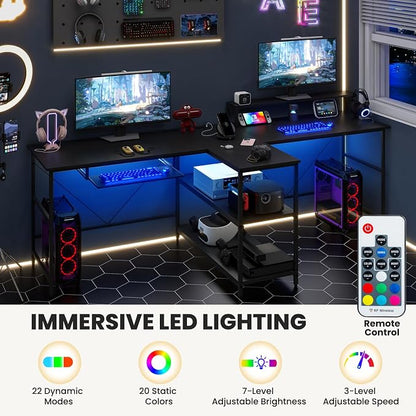 Tangkula 2-Person Reversible Computer Desk with LED Lights, 94.5” Long Office Desk with Power Outlets, Monitor Stand, Keyboard Tray & 2 Storage Shelves, Double Desk for Gaming Working Writing (Black)