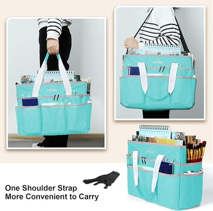 JJRING Craft Organizer Tote Bag, Large Art Storage Caddy with Multiple Pockets, Sky Blue Sewing Bag for Art, Craft, Scrapbooking, School, Medical, and Office Supplies Storage
