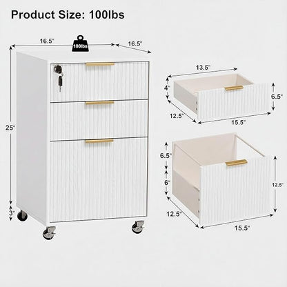 3 Drawers Fluted Mobile File Cabinet with Lock, Rolling File Cabinet Printer Stand Table, Under Desk Wooden Filing Cabinets for Home Office Essentials Storage Organization Furniture Letters/A4(White)