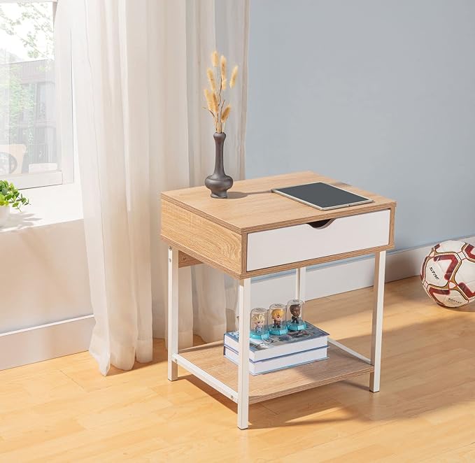 JJS Side End Table, Nightstand, Bedside Table with Drawer and Storage Shelves, Sofa Table for Living Room, Bedroom, Accent Furniture, Easy Assembly, Oak/White