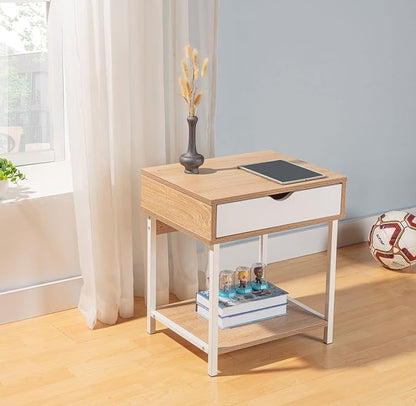 JJS Side End Table, Nightstand, Bedside Table with Drawer and Storage Shelves, Sofa Table for Living Room, Bedroom, Accent Furniture, Easy Assembly, Oak/White