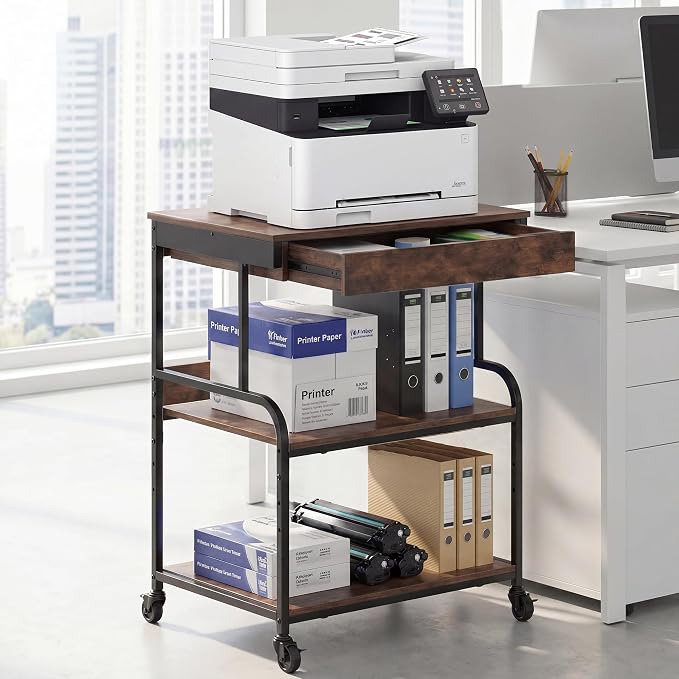 3 Tier Printer Stand with Drawer – Rolling Printer Cart on Wheels for Home Office, Adjustable Shelf & Heavy Duty Steel Frame, Large Printer Table for Scanner Fax Copier,23.6''x18.9''