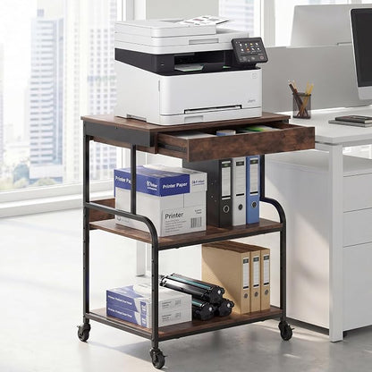 3 Tier Printer Stand with Drawer – Rolling Printer Cart on Wheels for Home Office, Adjustable Shelf & Heavy Duty Steel Frame, Large Printer Table for Scanner Fax Copier,23.6''x18.9''