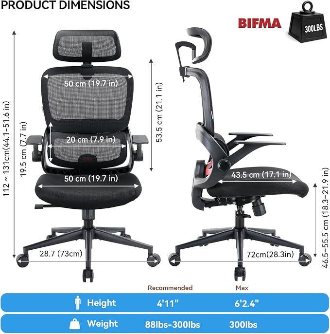SIHOO B100 SE Office Chair, Desk Chair with Adaptive Lumbar Support & 2D Flip-up Armrests, 135° tilt Soft Memory Foam Erogonomic Chair for Home Office,Hold 300 LBS-Jet Black