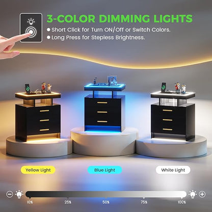 HNEBC Night Stand Set 2 with LED Lights, High Gloss Nightstand with 3 Drawers,Wireless&USB&Type-C Charging Station,Smart Side Tables with Tempered Glass Top for Bedroom,Living Room,Office-Black