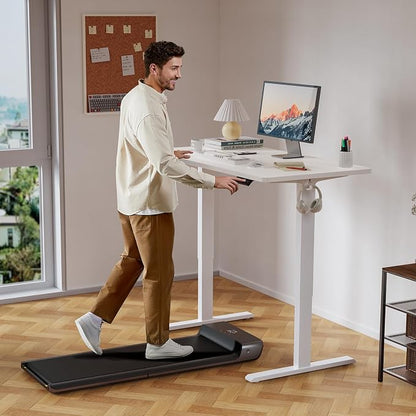 WALKINGDESK 55x24 Inches Height Adjustable Electric Standing Desk with 2 Hooks for Home Office, Ergonomic Sit Stand up Desk with Splice Board, White
