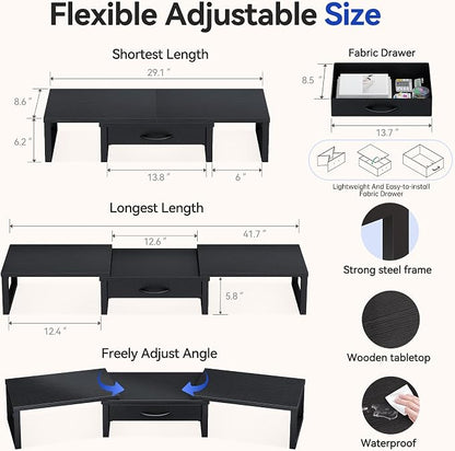 Dual Monitor Stand Riser, Desk Organizers and Accessories with Drawer, Computer Monitor Stands for Desk, Adjustable Desktop Shelf for PC Laptop Printer TV, Black