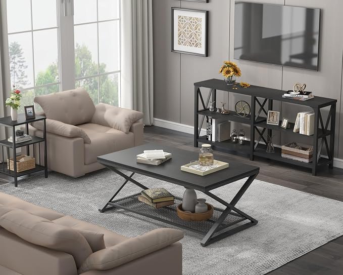 LVB Black Coffee Table, Metal Wood 2 Tier Center Tables with Storage Shelf, Modern Rectangular Cocktail Tea Table for Living Room, Wooden Middle Concrete Table for Office Bedroom, 39 inch, Black Oak