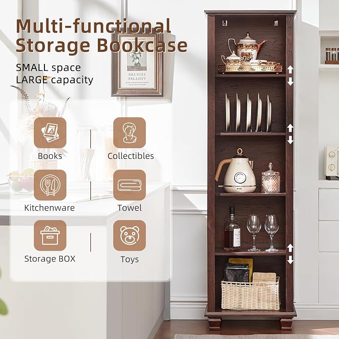SAVOR LIFE Narrow Walnut Book Shelf, 70" Tall Skinny Bookshelf with Adjustable Shelves & Wooden Legs, Farmhouse Wood Bookcase w/5-Tier Open Storage, Free Standing Book Case for Office,Living Room,3PCS
