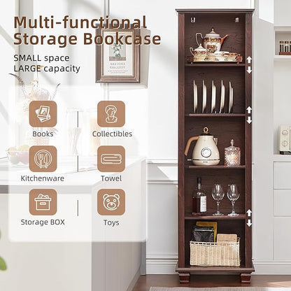 SAVOR LIFE Narrow Walnut Book Shelf, 70" Tall Skinny Bookshelf with Adjustable Shelves & Wooden Legs, Farmhouse Wood Bookcase w/5-Tier Open Storage, Free Standing Book Case for Office, Living Room