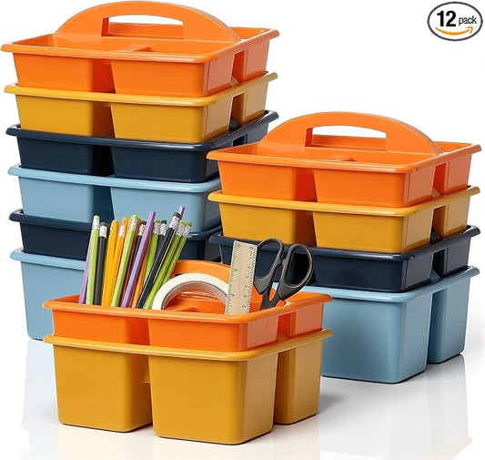 Kathfly 12 Pack Classroom Caddy Organizer with Handle, Plastic Art Craft Cleaning Caddy Bulk, Small Multipurpose Supply Organization Storage Basket for Table Desk Office Pencil Teacher (Blue Orange)