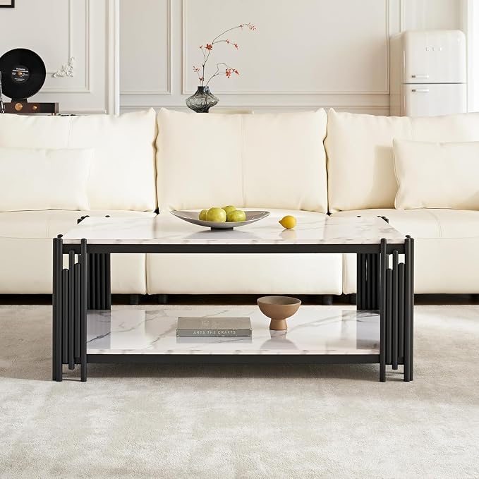 White Marble Coffee Table Set of 3, Faux Marble Coffee Table and 2 End Tables with Chrome Metal I-Base, Luxury Marble 3 Piece Living Room Table Set for Home Office Bedroom