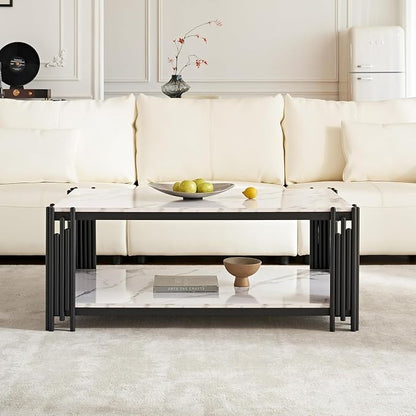 White Marble Coffee Table Set of 3, Faux Marble Coffee Table and 2 End Tables with Chrome Metal I-Base, Luxury Marble 3 Piece Living Room Table Set for Home Office Bedroom