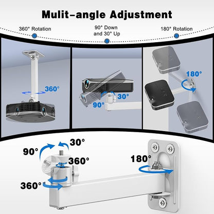 Projector Stand, Wall and Mini Ceiling Mount with 1/4-Inch Thread, 360-degree Rotation, Adjustable Tilt & Swivel, Foldable, Easy Setup Compatible with Most Projectors for Home, Office, White