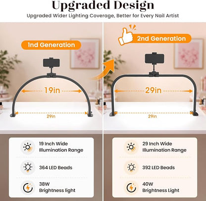 LIONVISON Half Moon Light for Nail Desk: 29" Arch Light for Nail Tech Lamp with Phone Holder - 3 Color Modes & 10 Brightness - 40W Foldable LED Nail Desk Lamp for Manicure, Craft(Crystal Diamond)