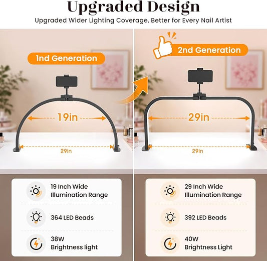 LIONVISON Half Moon Light for Nail Desk: 29" Arch Light for Nail Tech Lamp with Phone Holder - 3 Color Modes & 10 Brightness - 40W Foldable LED Nail Desk Lamp for Manicure, Craft(Crystal Diamond)