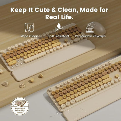 Wireless Keyboard and Mouse Combo, Magnetic Soft-Touch Wrist Rest, Round Keycaps, Full-Size Retro Typewriter Keyboard, 2-Stage Tilt Legs, Auto Sleep, 2.4GHz Cordless for Windows PC, Beige-Brown Ombre