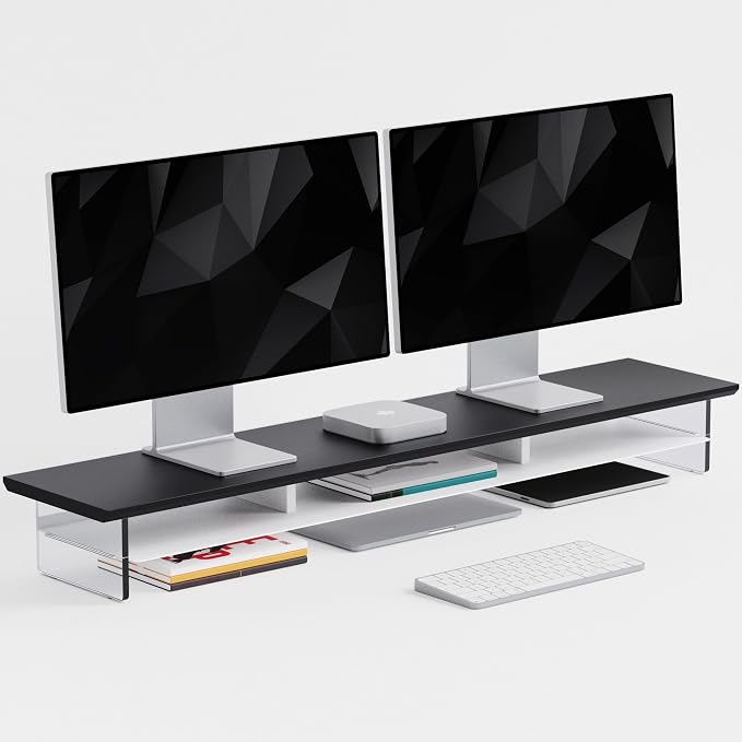 FENSULN Dual‑Tier Monitor Stand for Modern Desk Setup – Minimalist Wooden and Metal Riser Shelf with Transparent Acrylic Feet for Dual Monitors, Laptops, Home Office Aesthetic，Black and White