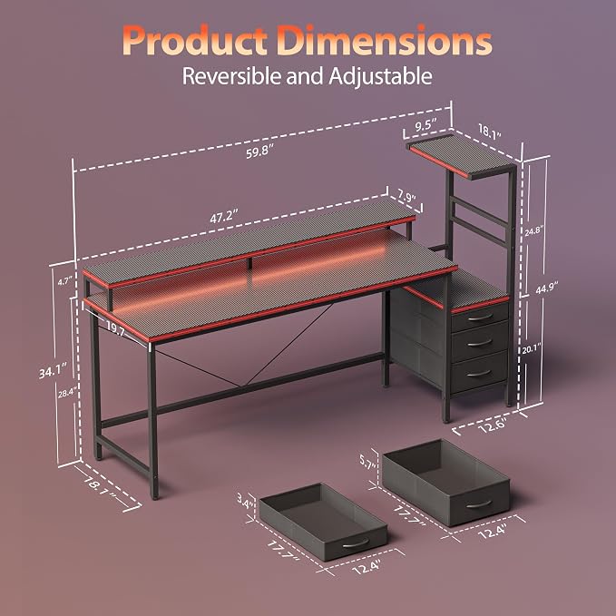 Mericonia 60 inch Gaming Desk with LED Lights & Power Outlets, Reversible Computer Desk with Storage Drawers & Monitor Stand, Large Gaming Table for Home Office