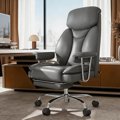 Big and Tall Office Chair, Executive Home Office Desk Chair, Comfy Leather High-Back Reclining Computer Chair with Retractable Footrest and Padded Arms, 360°Swivel Rolling Wheels, Wide Seat, Gray