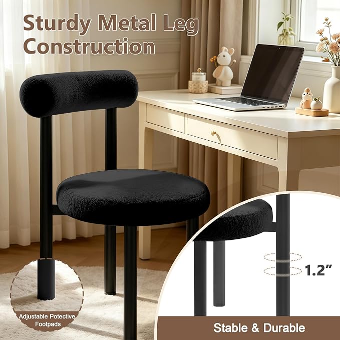 Cute Small Armless Desk Chair, Ergonomic Comfy Vanity Chairs Lumbar Support with Back for Makeup, Teddy Fabric Computer Desk Chair for Home, Bedroom, Vanity, Teens, Adults