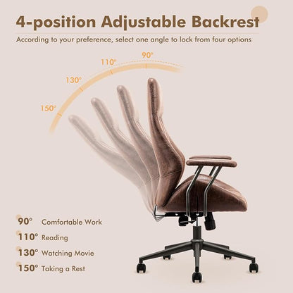 High Back Home Office Chair,Mid Century Modren Ergonomic Executive Chair,Lumbar Support Swivel Task Chair with Wheels,Computer Desk Chair Suede Fabric,350LBS (Dark Brown)