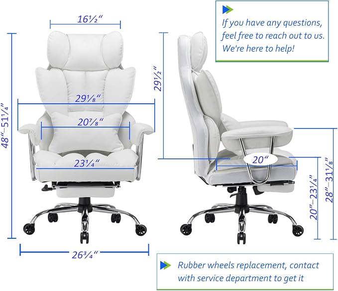 Efomao Big and Tall Office Chair 400lbs, Executive PU Leather Desk Chair with Footrest & Lumbar Support, Heavy Duty Computer Seating for Home, White | 400lbs support, 135° recline, dual-layer foam cushion, 23.5" seat & footrest. BIFMA
