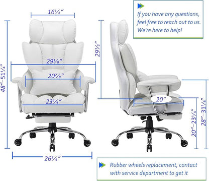 Efomao Big and Tall Office Chair 400lbs, Executive PU Leather Desk Chair with Footrest & Lumbar Support, Heavy Duty Computer Seating for Home, White | 400lbs support, 135° recline, dual-layer foam cushion, 23.5" seat & footrest. BIFMA