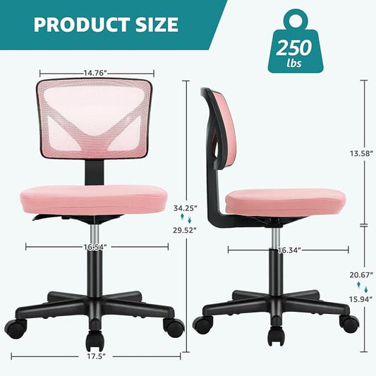 OLIXIS Armless Office Chair, Ergonomic Desk Chair with Wheels, Mesh Back, Removable Washable Foam Cushion, Height Adjustable Rolling Swivel Chairs for Small Space, Home, Office, Pink