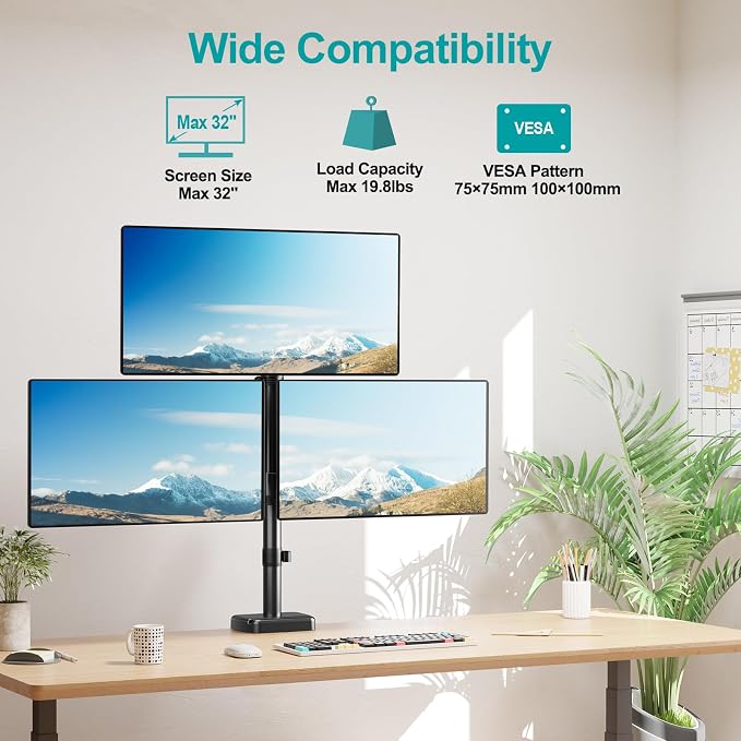 MOUNT PRO Triple Monitor Mount for Max 32" Computer Screen, Adjustable 3 Monitor Desk Mount, up to 19.8lbs Each, Three Display Arm with Tilt Swivel Rotation, VESA Mount 75x75/100x100mm