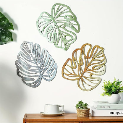 Palm Leaves Wood Wall Decor , 3Pcs Tropical Wall Art Jungle Decor, Wooden Natural Leaves Plant Wall Decor, Vintage Tropical Plant Plaque for Home Living Room Kitchen Bedroom Bathroom & Garden, Yellow&Blue&Green