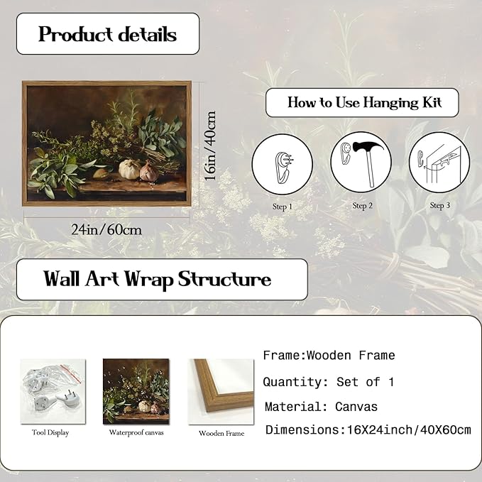 Framed Vintage Kitchen Wall Art, Rustic Garlic and Herbs Pictures Wall Decor Paintings, Farmhouse Cottagecore Canvas Prints Artwork for Home Dining Room Living Room 16x24 inch