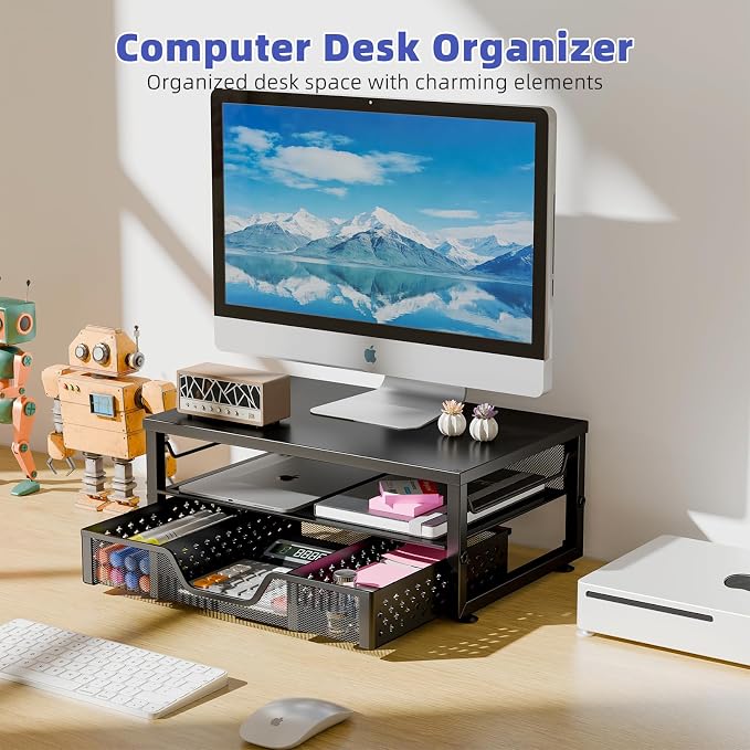 Simple Trending Monitor Stand Riser with Drawer, Black for Home Office | Metal 2-Tier Monitor Stand with Hidden Drawer | Ergonomic Neck Support | Desk Organizer | Space Saving | Fast Setup