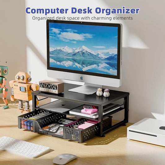 Simple Trending Monitor Stand Riser with Drawer, Black for Home Office | Metal 2-Tier Monitor Stand with Hidden Drawer | Ergonomic Neck Support | Desk Organizer | Space Saving | Fast Setup