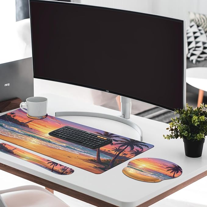 Britimes Beach Sunset Keyboard Mouse Pad Set Tropical Coastal 4in1 Large Mousepad+Keyboard Wrist Rest+Mouse Wrist Rest+Coaster Ergonomic Design for Home Office Computer 35.4x15.7 inches