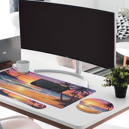 Britimes Beach Sunset Keyboard Mouse Pad Set Tropical Coastal 4in1 Large Mousepad+Keyboard Wrist Rest+Mouse Wrist Rest+Coaster Ergonomic Design for Home Office Computer 35.4x15.7 inches
