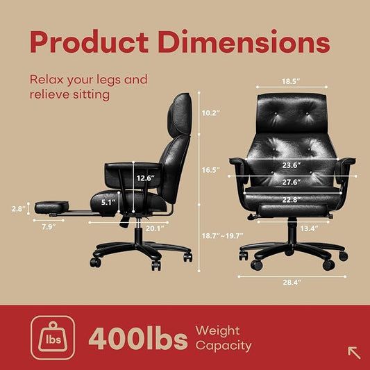 SeekFancy Reclining Criss Cross Office Chair with Wheels & Arms, Black | Button-tufted PU leather; retractable footrest; 400 lbs capacity; 10% thickened wide cushion; retro executive design.