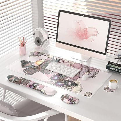 QIYI Leather Desk Mat Set, 4-in-1 Large Mouse Pad with Ergonomic Wrist Rest, Waterproof Desk Pad + Keyboard Wrist Rest + Mouse Wrist Support + Coaster, Non-Slip Office Gaming Accessories, Butterflies
