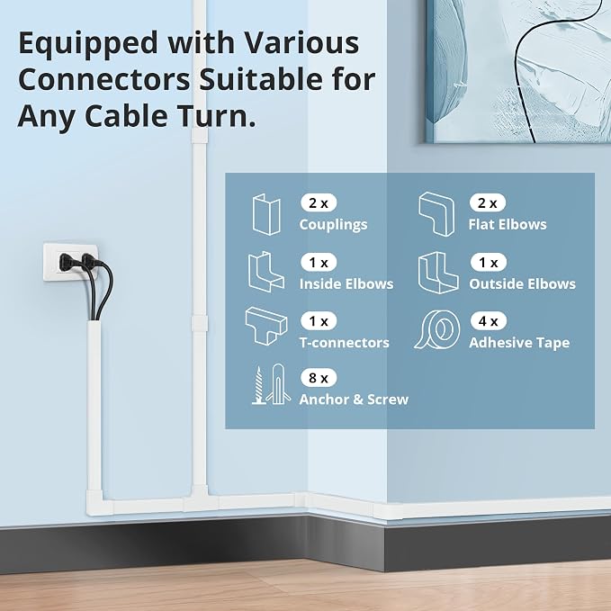 Cord Covers for Wires on Wall Extra-Long, 13.12ft TV Cord Hider Kit, Paintable Cable Management Concealer, TV Wire Hider for Wall, White Cable Raceway Channel, 4 x L39in x W0.95in x H0.55in