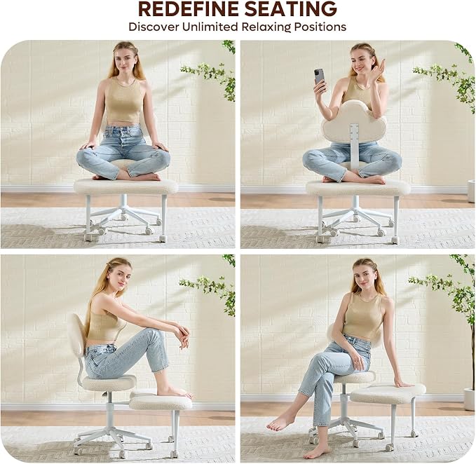 Pinmoco Cross Legged Office Chair with Wheels, Meditation Chair, ADHD Chair for Adults, Wider Height Adjustable Backrest and Seat, Yoga Office Chair, Teddy Fabric, Off White
