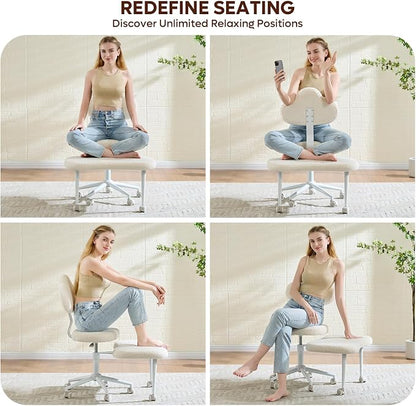 Pinmoco Cross Legged Office Chair with Wheels, Meditation Chair, ADHD Chair for Adults, Wider Height Adjustable Backrest and Seat, Yoga Office Chair, Teddy Fabric, Off White