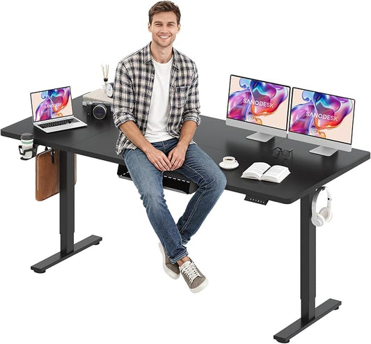 SANODESK Electric Standing Desk 79 x 32 Inches, Height Adjustable Sit Stand with Large Splice Board Desktop for Home Office, Computer Workstations，Memory Ergonomic Computer Desk, Black Frame/Black Top