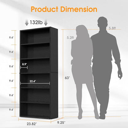 Sweetcrispy 6-Tier Bookcase, 63 Inch Tall Open Bookshelf, Freestanding Wood Book Case, Storage Shelves for Bedroom, Modern Display Bookshelf for Home Office Living Room，Black