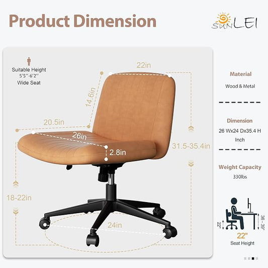 SUNLEI Cross Legged Office Chair with Wheels, Armless Wide Chair's for Vanity Desk, Criss Cross Comfy Chairs with Back, Desk Chair/s of Height Adjustable Swivel, Orange & Leather