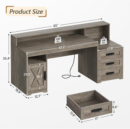 TVU Farmhouse Computer Desk with Drawers, 65'' Home Office Desk with Power Outlets, Storage Cabinet and Printer Stand, Study Writing Desks with Long Monitor Stand, Grey