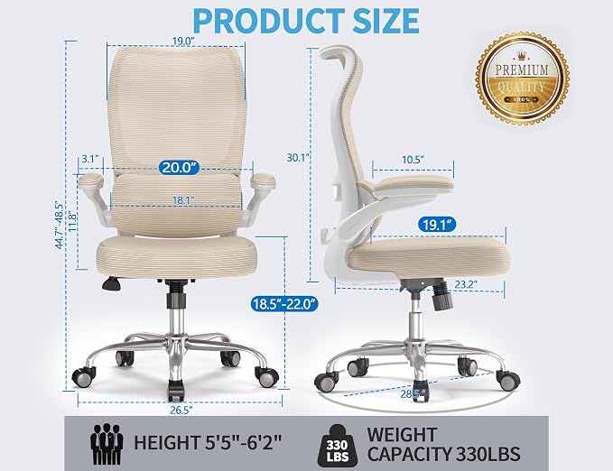 TRALT Ergonomic Office Chair - Desk Chair with Wave High Back Adjustable Lumbar Support Computer Chair - Gaming Chairs Mesh Backrest and PU Leather Seat for Home Reading Chairs to Adults(Beige)