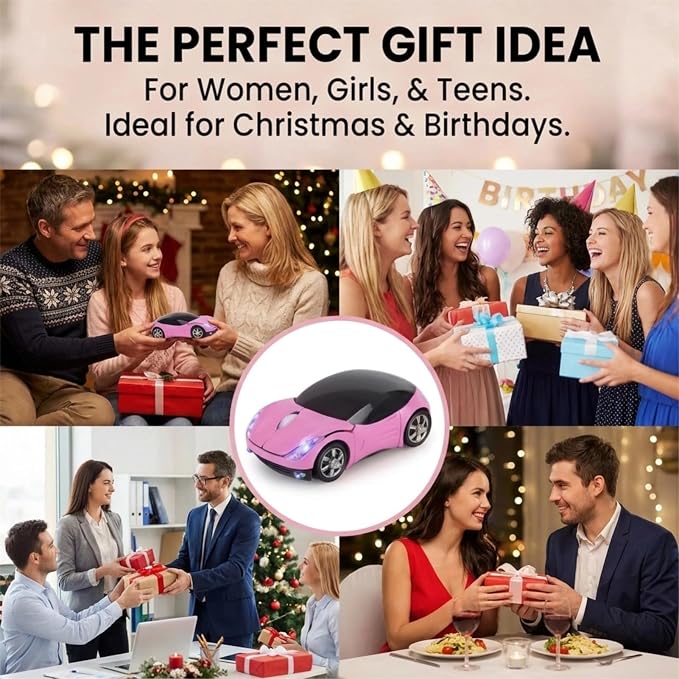 Pink Wireless Car Mouse, 2.4G Optical with USB Receiver, 1600DPI Mini Mouse, Compatible with Windows XP/Vista/7/ME/2000 & Mac OS, for PC/Laptop/Tablet, Women Girls Office