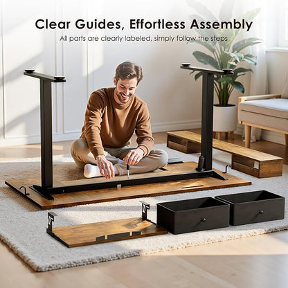 OffiGo U Shaped Electric Standing Desk with Drawers, 55 Inch Height Adjustable Desk with Keyboard Tray ＆ Ergonomic Monitor Stand, Sit Stand Table with Power Outlets for Home, Office, Rustic Brown